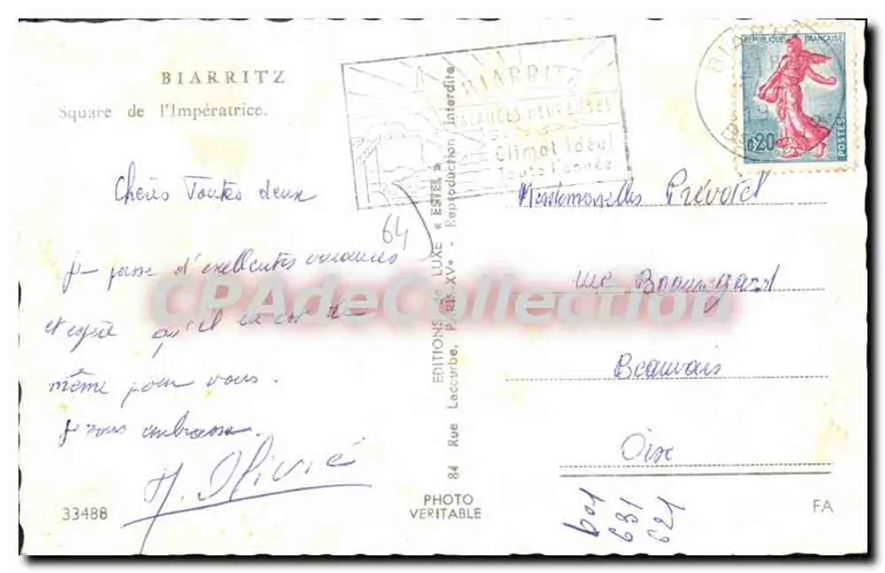 Biarritz — Praça da Imperatriz — Editor Estel, n° 33488 - Verso