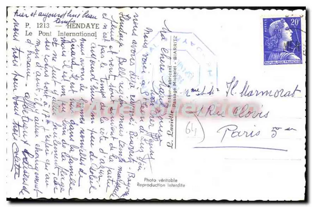 Ponte internacional em Hendaye — Fronteira — editor Lavielle, n° P. 1213 - Verso