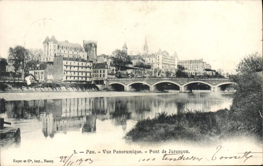 Pau — Vue panoramique — Pont de Jurançon — Royer et Cie, Nancy, n°5 - Recto
