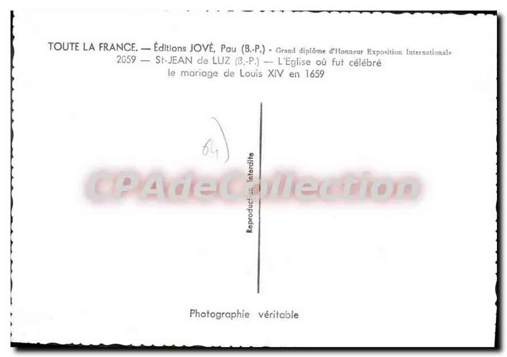 Kirche von Saint-Jean-de-Luz — Verlag JOVÉ, Pau — Nr. 64 - Rückseite