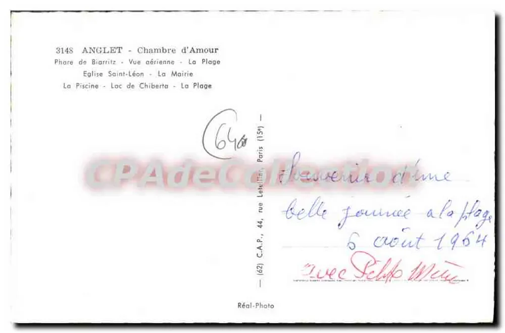 Anglet - A Câmara do Amor — lenda dos amantes afogados — Réal-Photo - Verso