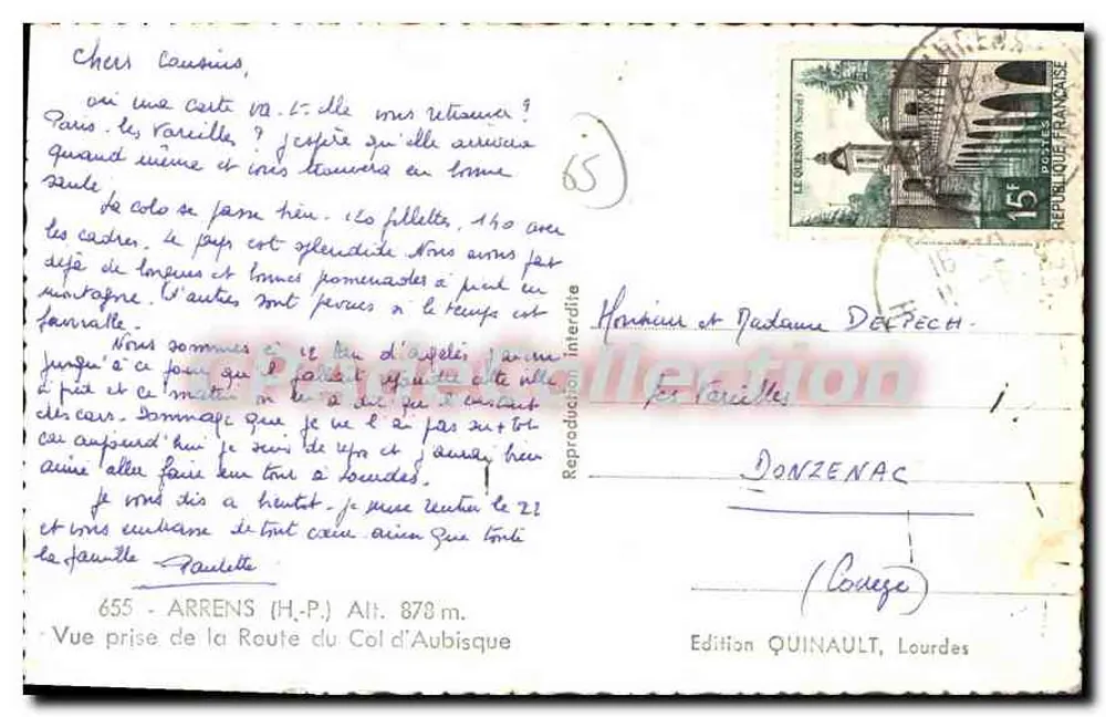 Arrens (H.P.) — Vista scattata dalla Route du Col d'Aubisque — Edizione QUINAULT, Lourdes - Verso