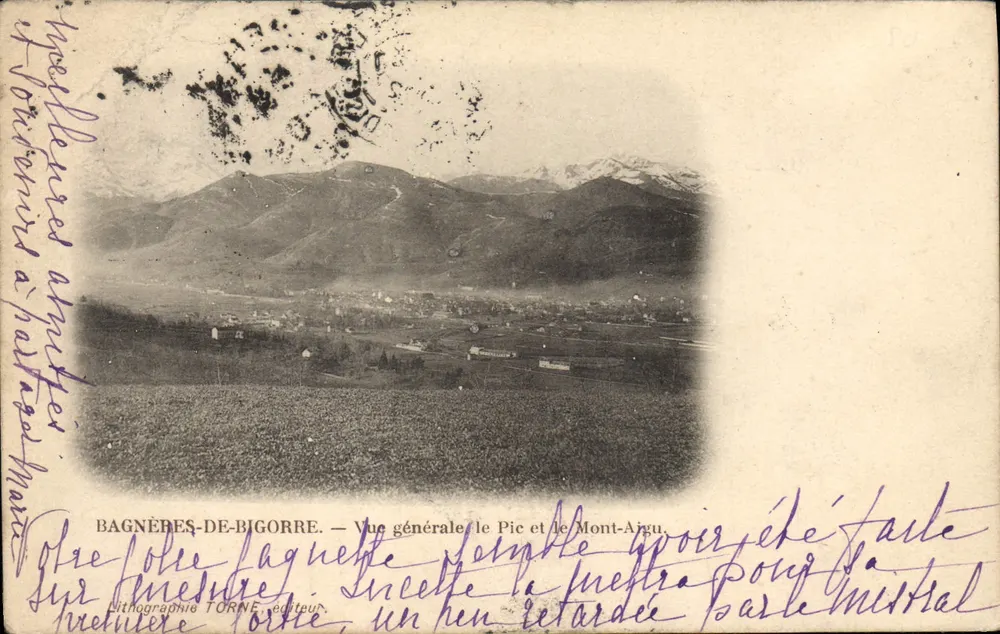 Bagnères-de-Bigorre — Allgemeiner Blick auf den Pic und Mont-Aigu — Lithographie TORNE, Verlag - Vorderseite