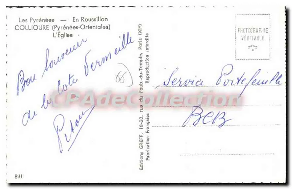 Collioure — A Igreja — Edições Greff, n°891 - Verso
