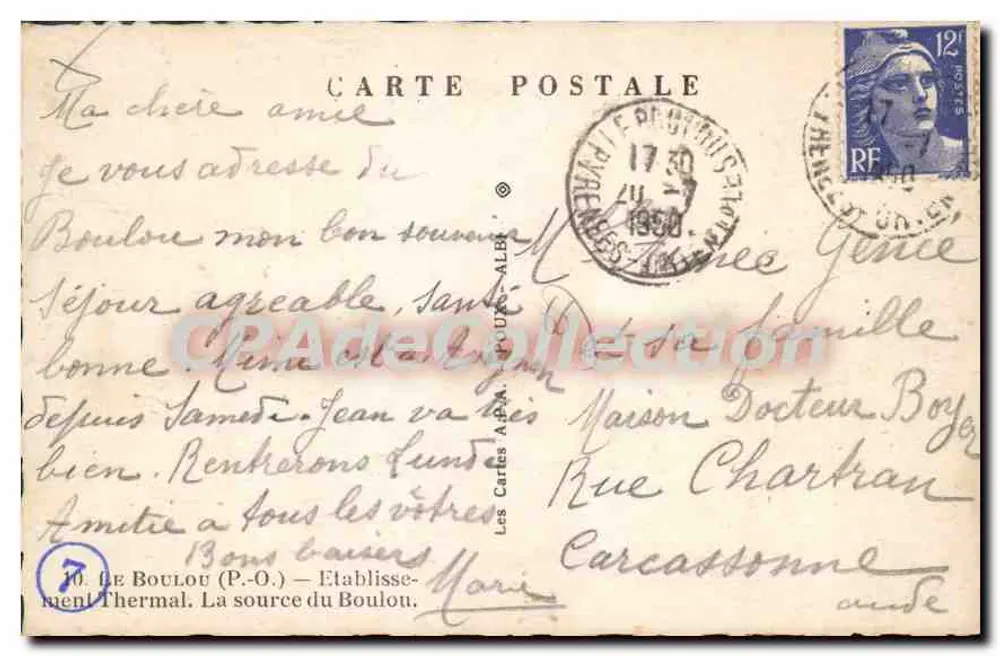 Le Boulou (P.-O.) — Estabelecimento Termal — vista da fonte — As Cartas A.P.A. de Coleção - Verso