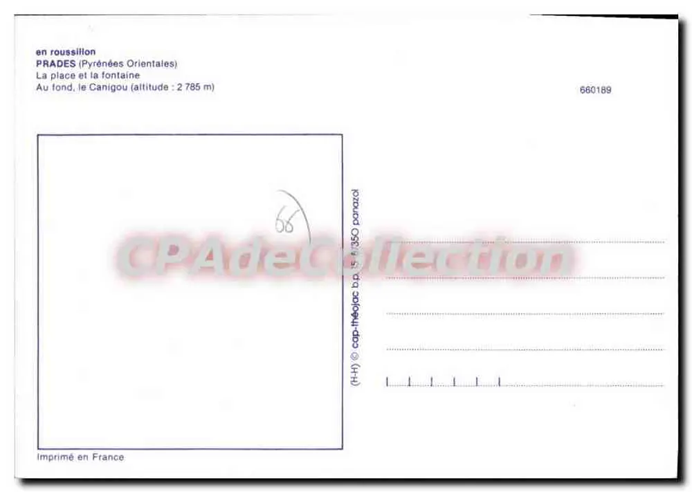 Prades (Pyrénées Orientales) — A praça e a fonte — CPAdéCollection n°660189 - Verso