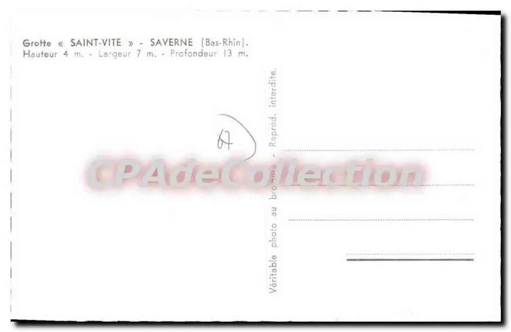 Gruta « SAINT-VITE » — SAVERNE (Bas-Rhin) — dimensões indicadas — sem editor visível - Verso