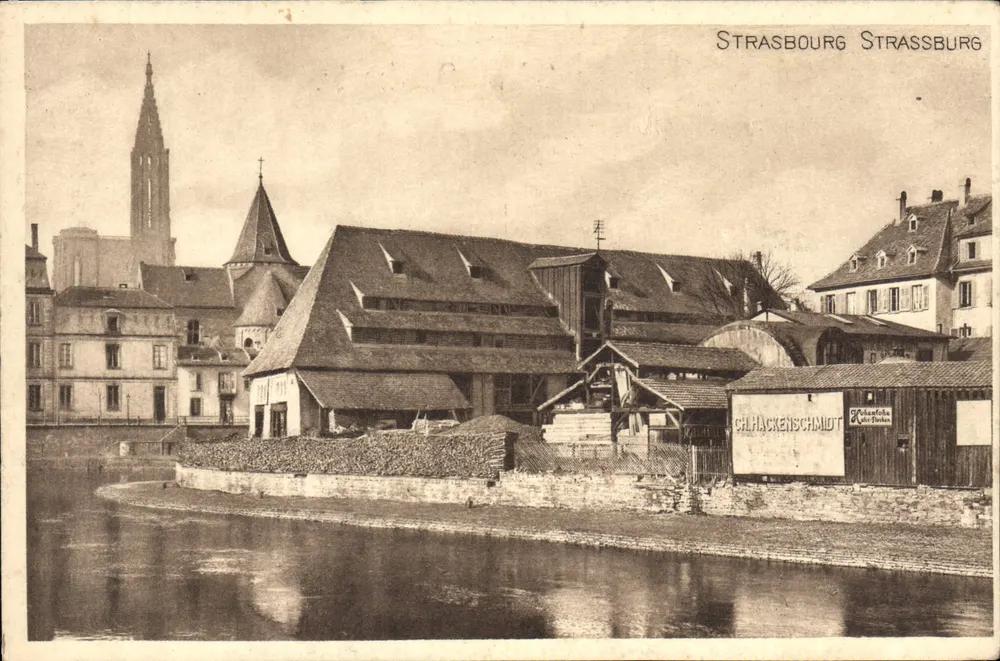 Estrasburgo — vista do cais com a catedral e o depósito de Ch. Hackenschmidt — Revue Alsacienne, Héloïs 354 - Frente