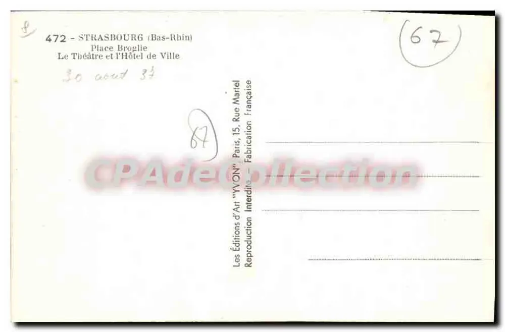 Strasbourg (Bas-Rhin) — Place Broglie, Das Theater und das Rathaus — Éditions d'Art 'VYON', Paris - Rückseite