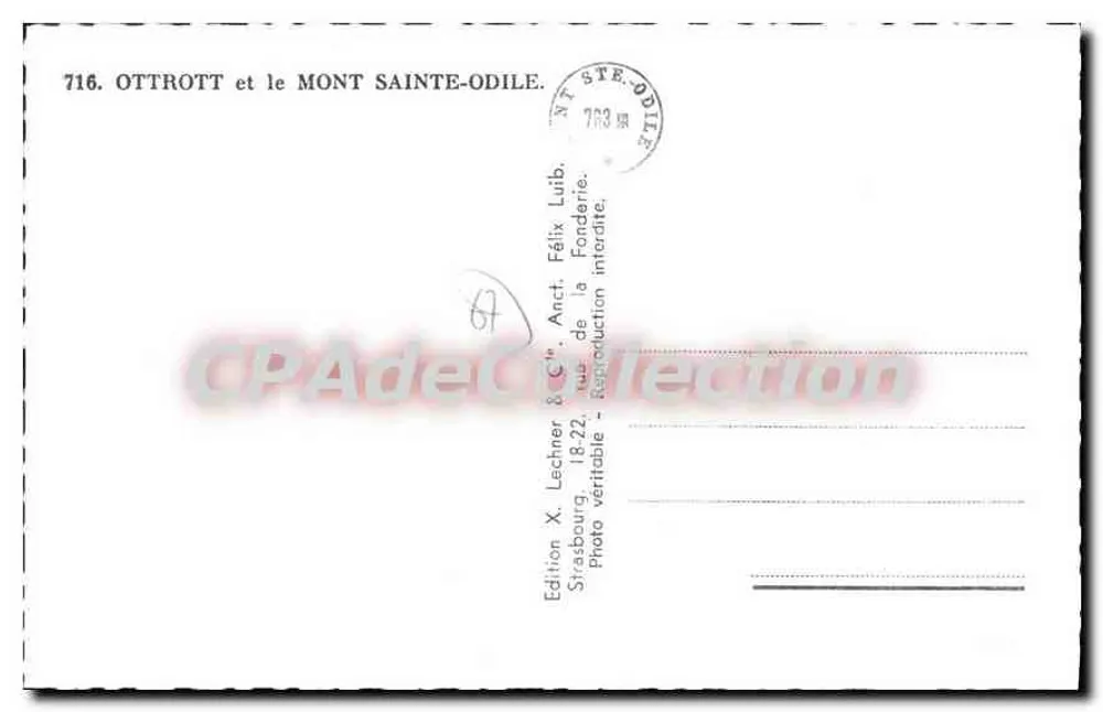 Ottrott e o Monte Sainte-Odile — Edição X. Lechner & Cie, Strasbourg — n° 716 - Verso