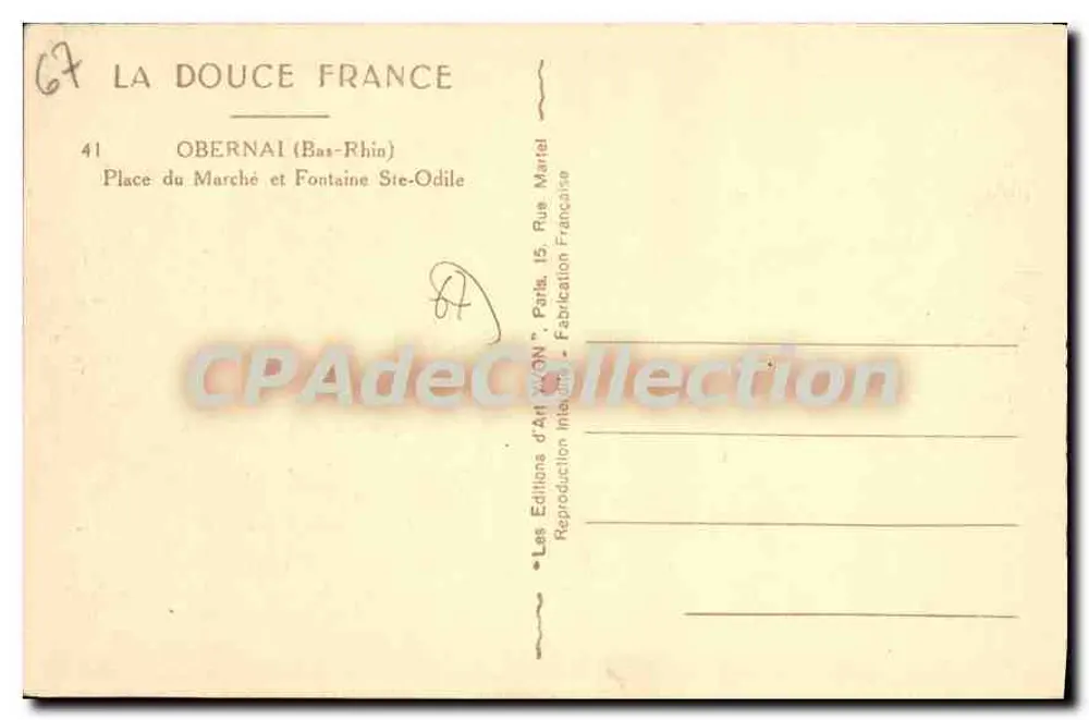 Obernai (Bas-Rhin) — Marktplatz und Fontäne Sainte-Odile — Les Éditions d'Art 'La Douce France', Paris - Rückseite