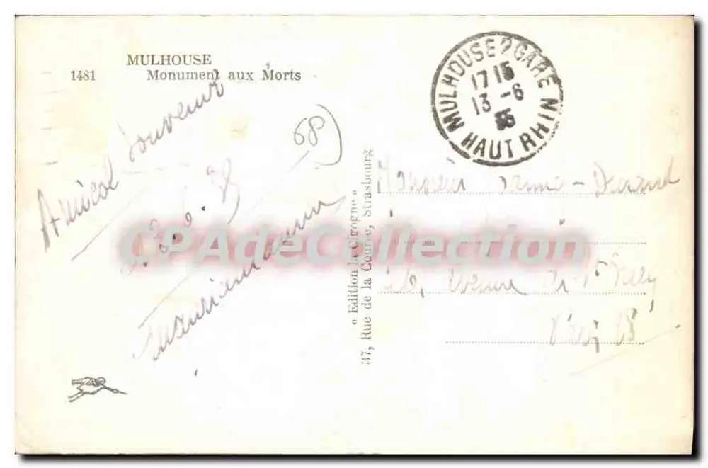 Mulhouse — Monument aos Mortos — Edição La Cigogne, Strasbourg - Verso