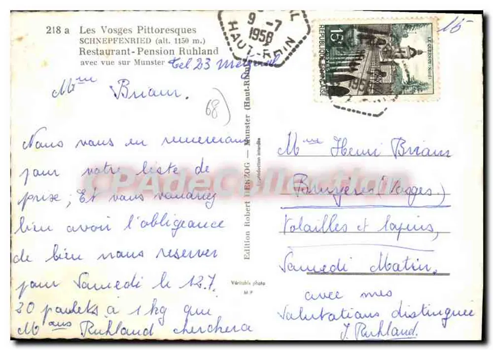 Os Vosges Pittorescos — Schneppenried (alt. 1150 m.) — Restaurant-Pension Ruhland — Edição Robert BEKZOG — n° 218 a - Verso