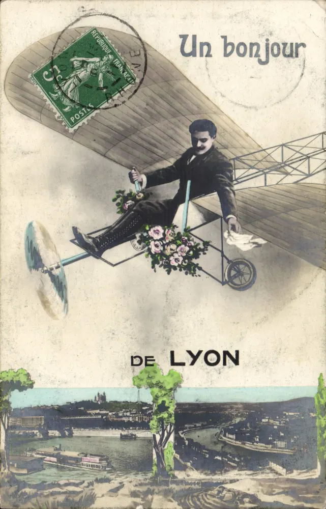 Um cumprimento de Lyon — aviador em biplano com buquê — editor não visível - Frente