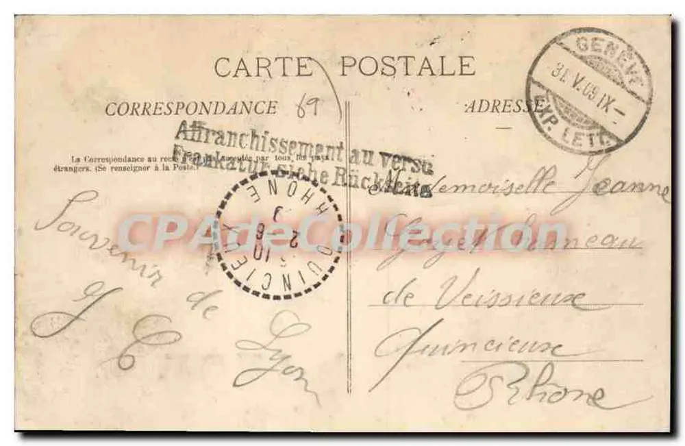 Um Olá de Lyon — carta postal decorada com flores e pássaros — editor desconhecido, número de série não visível - Verso