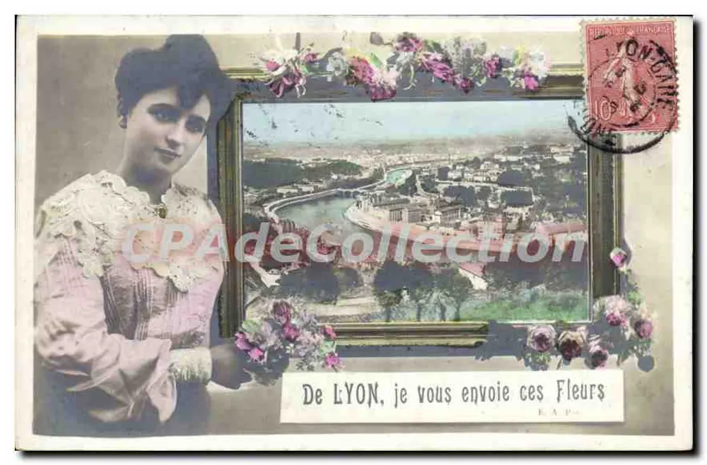 Vrouw met uitzicht op Lyon — Van LYON, stuur ik je deze Bloemen — E.A.P. — zegel 10c - Voorkant