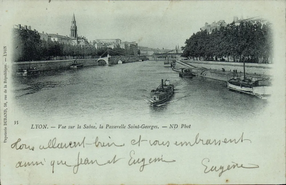 LYON — Ansicht der Saône, der Passerelle Saint-Georges — Papeterie DURAND, 88, rue de la République - Vorderseite