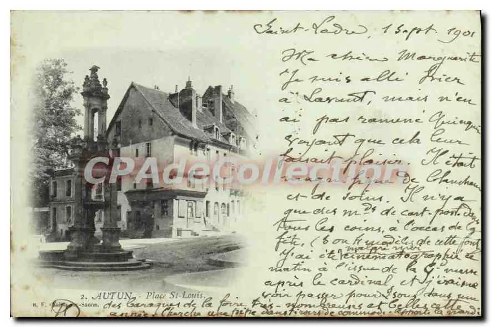 Autun - Place Saint-Louis — as barracas da feira, os monumentos e os colegas — H. F. Lainé, Autun, n°2 - Frente