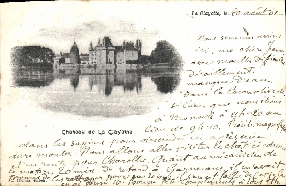 Zamek La Clayette — widok zamku wśród sosnowego lasu — C. Thomas, wydawca - Awers