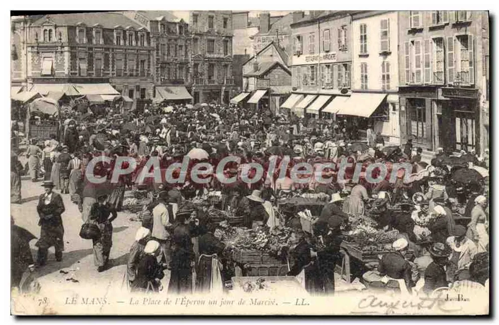 Le Mans — Place de l'Éperon an einem Markttag — LL. - Vorderseite