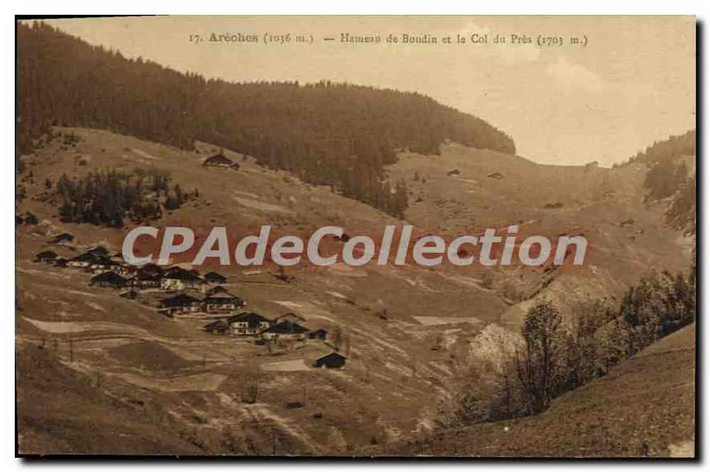 Arêches (1036 m.) — Dorf Boudin und der Col du Près (1703 m.) — Verlag J. Valet in Arêches - Vorderseite