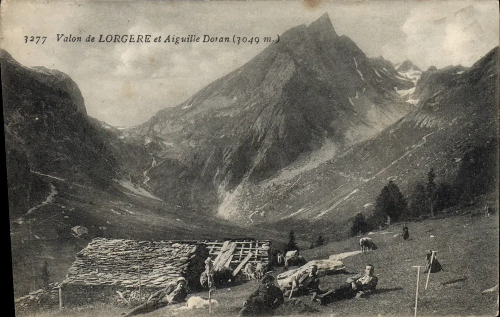 Valon de LORGÈRE e Aiguille Doran (3049 m.) — vista alpina com pastores e vacas — editor não identificado, n° 3277 - Frente