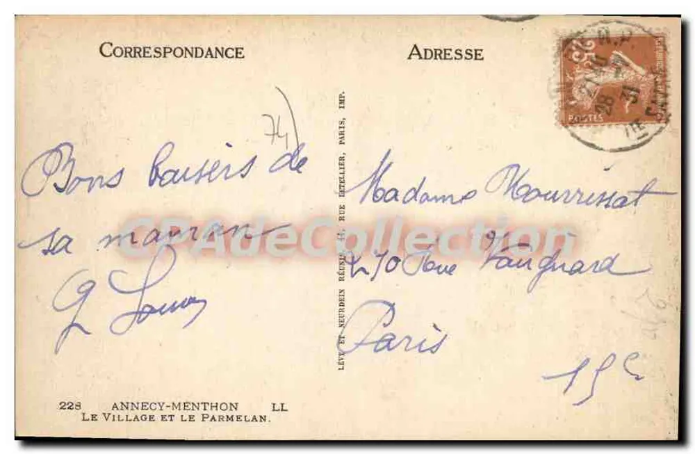 Le Village et le Parmelan — Annecy-Menthon — Éditeur Lev et Neurden Réimpr. Paris, Imp. 228 - Verso
