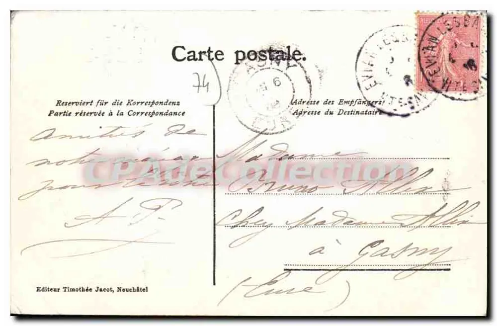 Evian-les-Bains — Lembranço — Editor Timothée Jacot, Neuchâtel - Verso