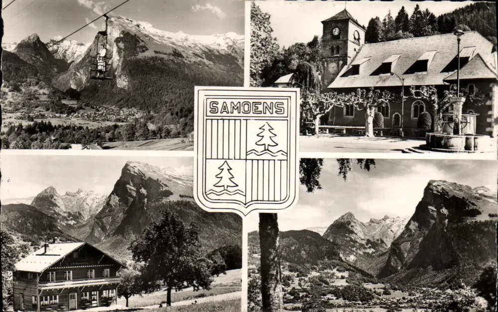 Samoëns — Allgemeiner Blick, die Kirche, das Chalet « La Reposette » und der Crion — Réal-Photo - Vorderseite