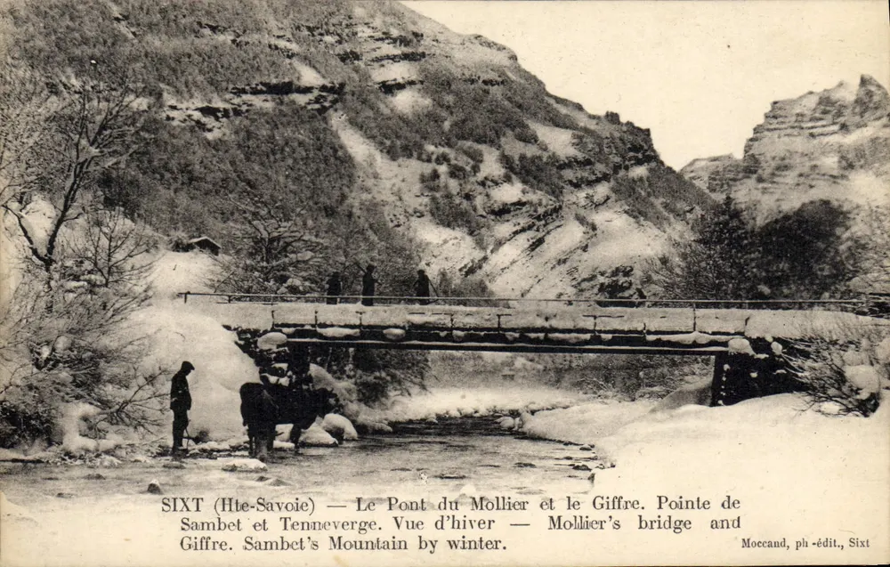 SIXT (Alta Saboya) — El Puente del Mollier y el Giffre. Punta de Sambet y Tenneverge. Vista invernal — Mollier's bridge and Giffre. Sambet's Mountain by winter. - Anverso