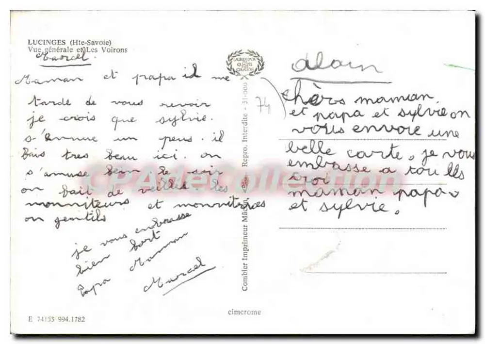 Lucinges (Haute-Savoie) — vista geral e os Voiron — editor Cambier Imprimeur Médecin - Verso
