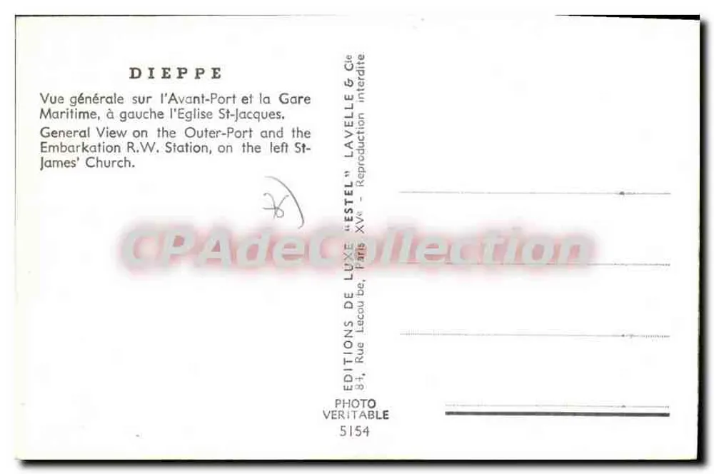 Dieppe — Allgemeiner Blick auf den Avant-Port und die Hafentreppe, links die Kirche St-Jacques — Verlag Estel, Nr. 5154 - Rückseite