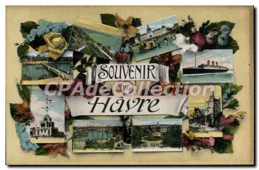 Souvenir de Hayre — colagem de vistas locais e de um navio de passageiros — editor Neutrien Frères, Paris - Frente