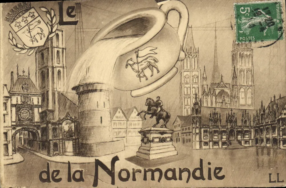 O castelo da Normandia — ilustração com brasão e estátua equestre — editor LL - Frente