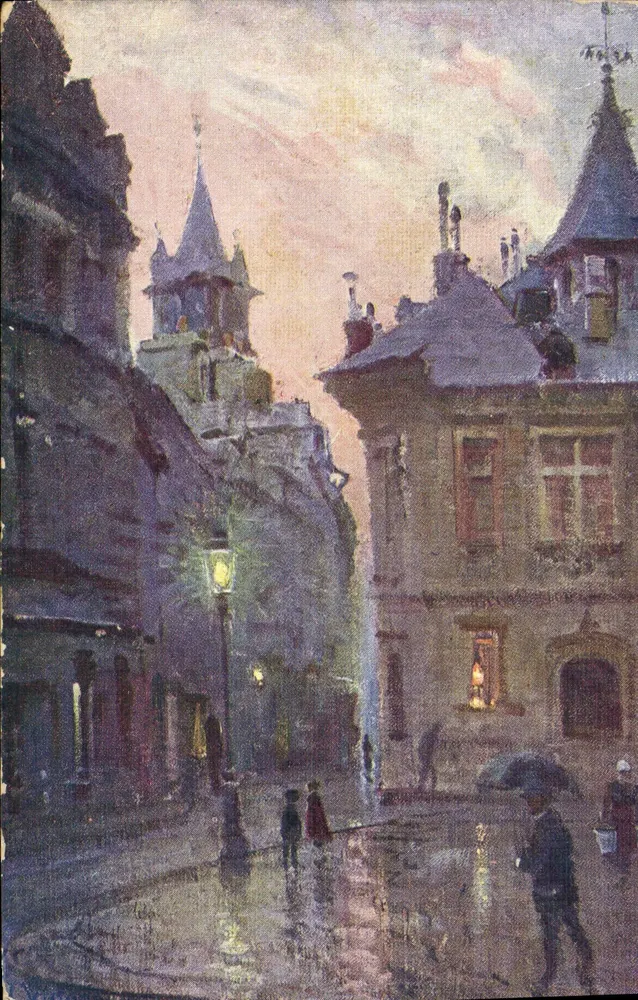 Vue de rue à la tombée de la nuit — Rouen — Édition Rouen Pitturesoch, N° 10, Place de la Pucelle - Frente