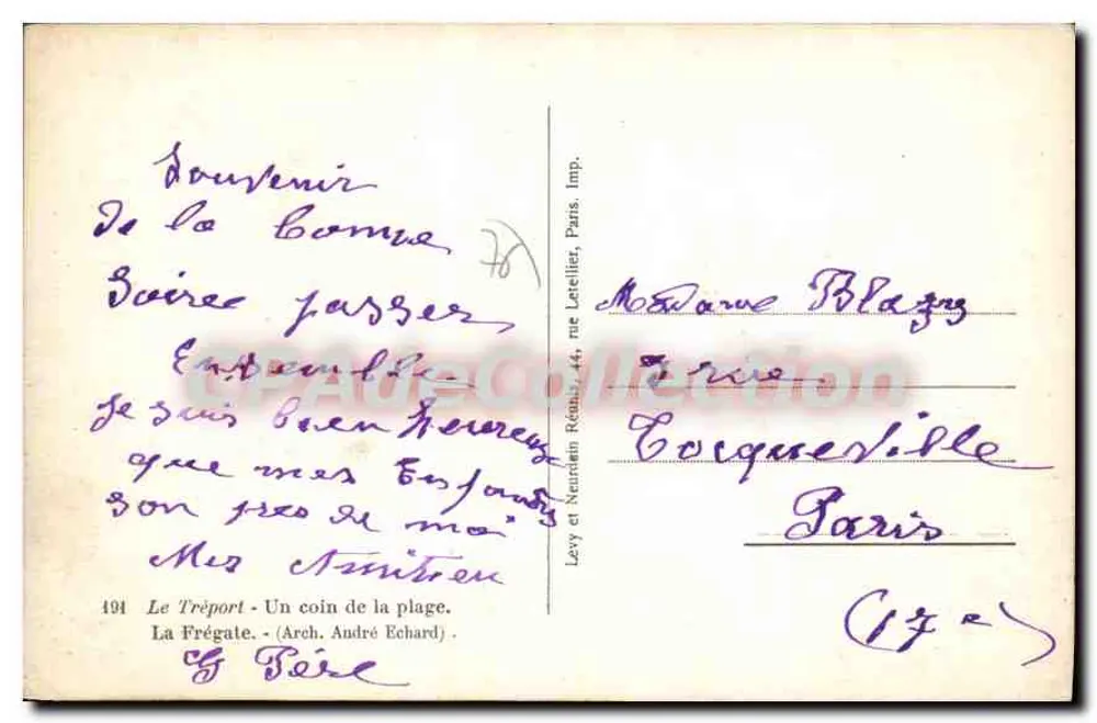 La Frégate - Um canto de praia — Le Tréport — Arch. André Echard — Imp. Levy et Neurden Réunis, 44, rue Letellier, Paris - Verso