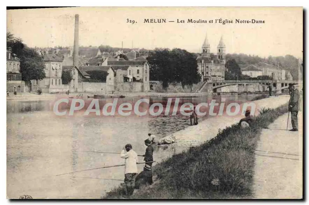 Melun — Die Mühlen und die Kirche Notre-Dame — Vintage Postcard/Antike Ansichtskarte - Vorderseite