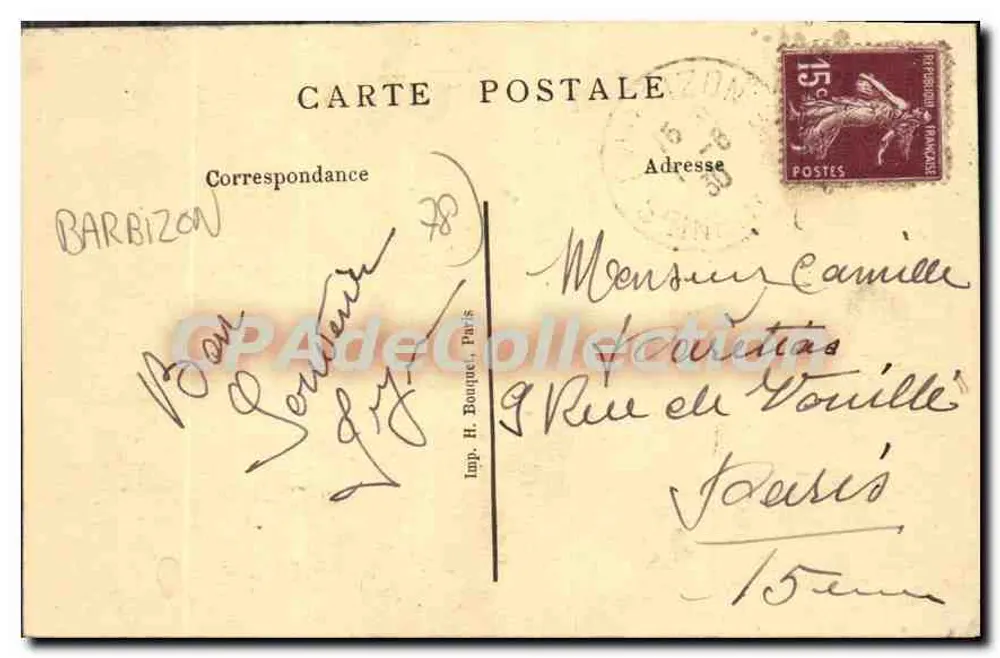 Hôtel du Bas-Bréau — Zimmer mit großem Bett — Imp. H. Bouque, Paris - Rückseite