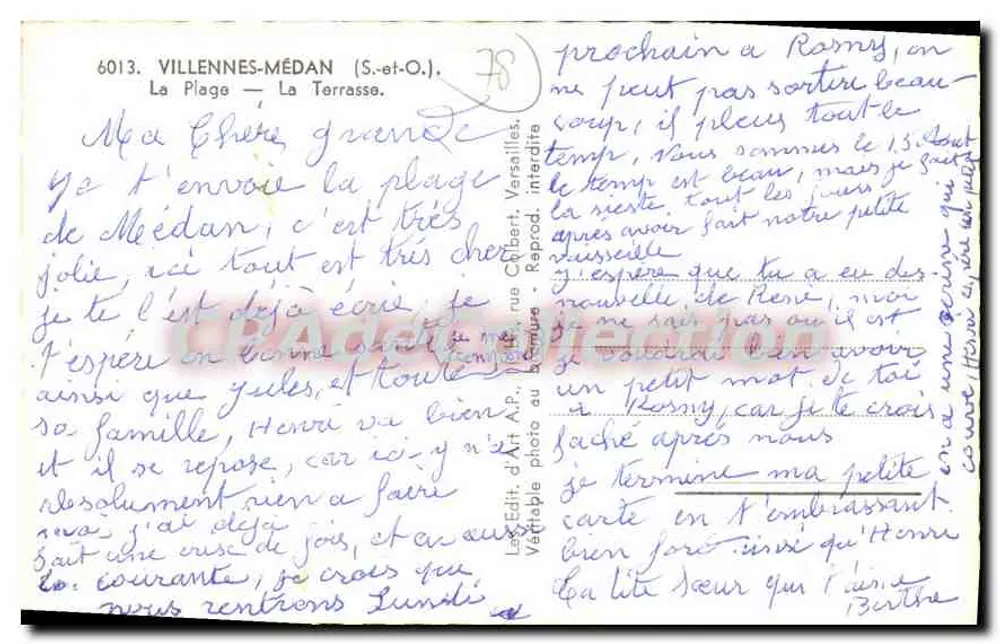 Villennes-sur-Médan — La Plage — La Terrasse — Verleger: La Edit. d'Art. Rapport, rue Gombaud, Versailles - Rückseite