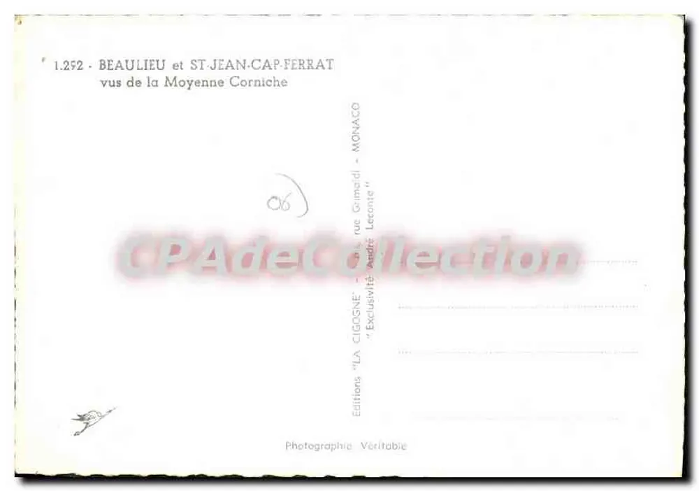 Beaulieu e Saint-Jean-Cap-Ferrat — vistos da Moyenne Corniche — Edições 'LA CIGOGNE' - Verso