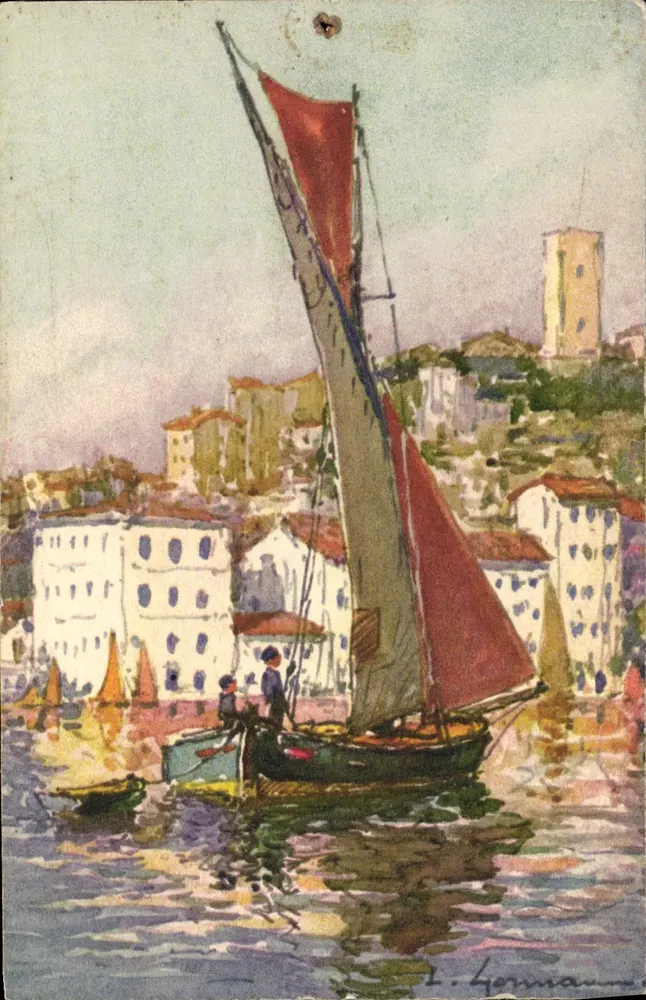 Cannes — Vista do porto com vela vermelha — L. Honnaum — No 702 - Frente