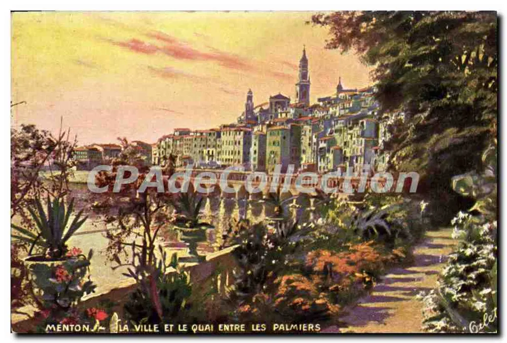 Menton — Blick auf die Stadt und den Kai zwischen den Palmen — Galet, Serie 765 - Vorderseite