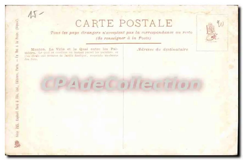 Menton — Blick auf die Stadt und den Kai zwischen den Palmen — Galet, Serie 765 - Rückseite