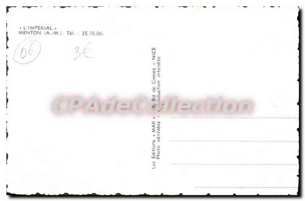 Hotel Imperial — Menton — Edições « MAR » - Verso