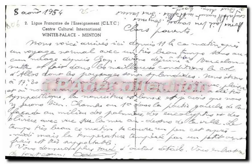 Hotel Winter Palace — Menton — Ligue Française de l'Enseignement (C.L.T.C.) - Verso