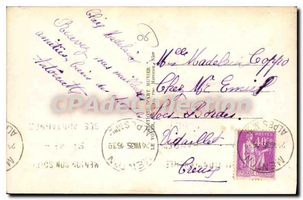 Menton — Monumento aos Mortos — Edições Part Munier, n° 111 - Verso