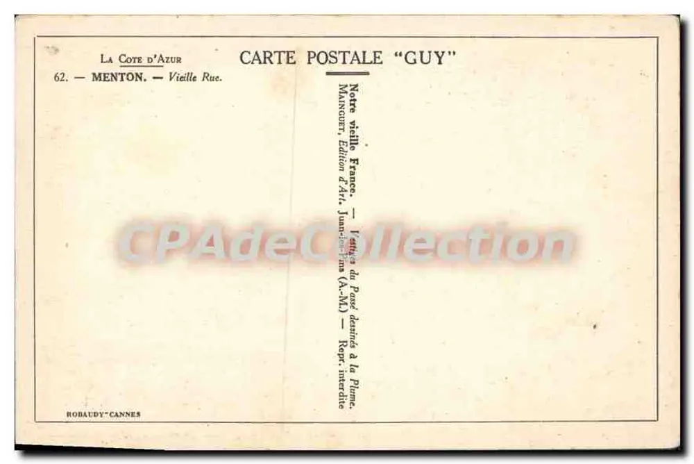 Menton — Velha Rua — Carte Postale "Guy" - Verso