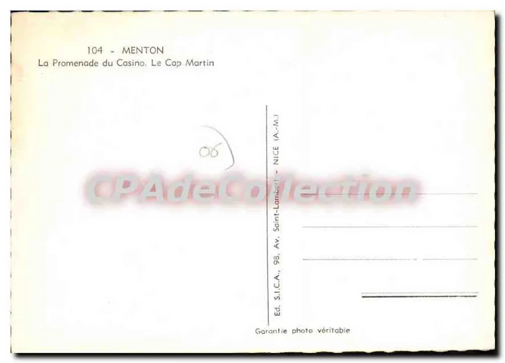 Menton — Die Promenade des Casinos, Cap Martin — Ed. S.I.C.A., 98, Av. Saint-Lambert, Nice - Rückseite