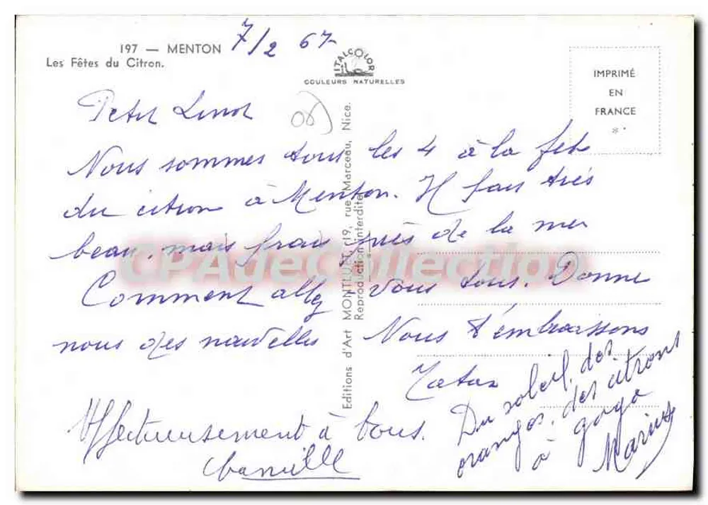Festa do Limão — Menton — Edições d'Art Montius, Nice - Verso