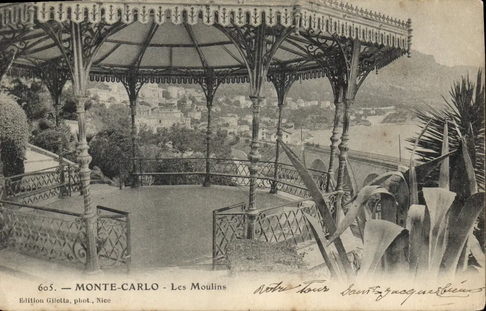Monte-Carlo - Os Moinhos — Vista de um kiosque em ferro forjado — Edição Giletta, Nice, n°605 - Frente